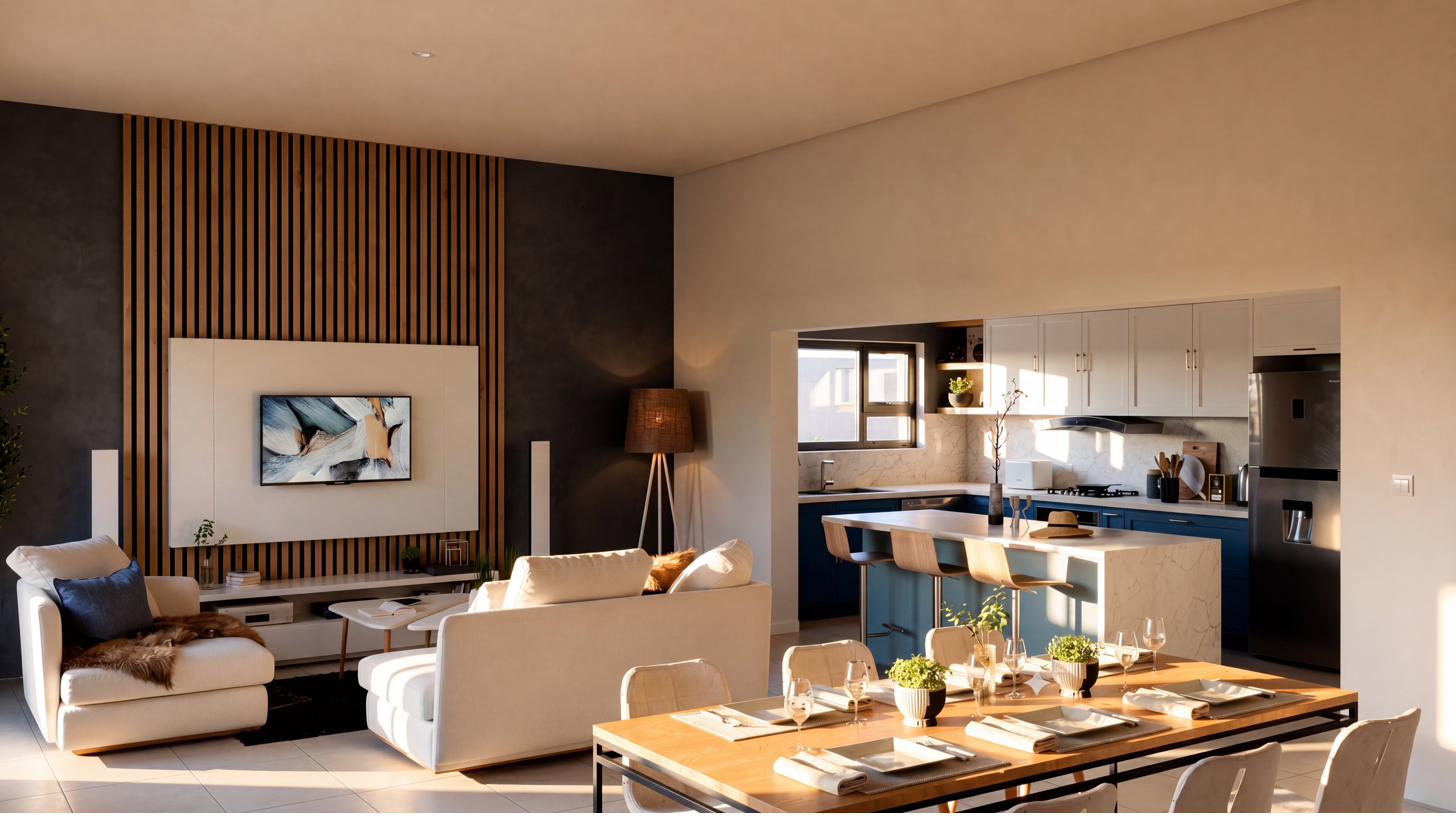 Open-plan kitchen, dining and living at Welgedaan Estate