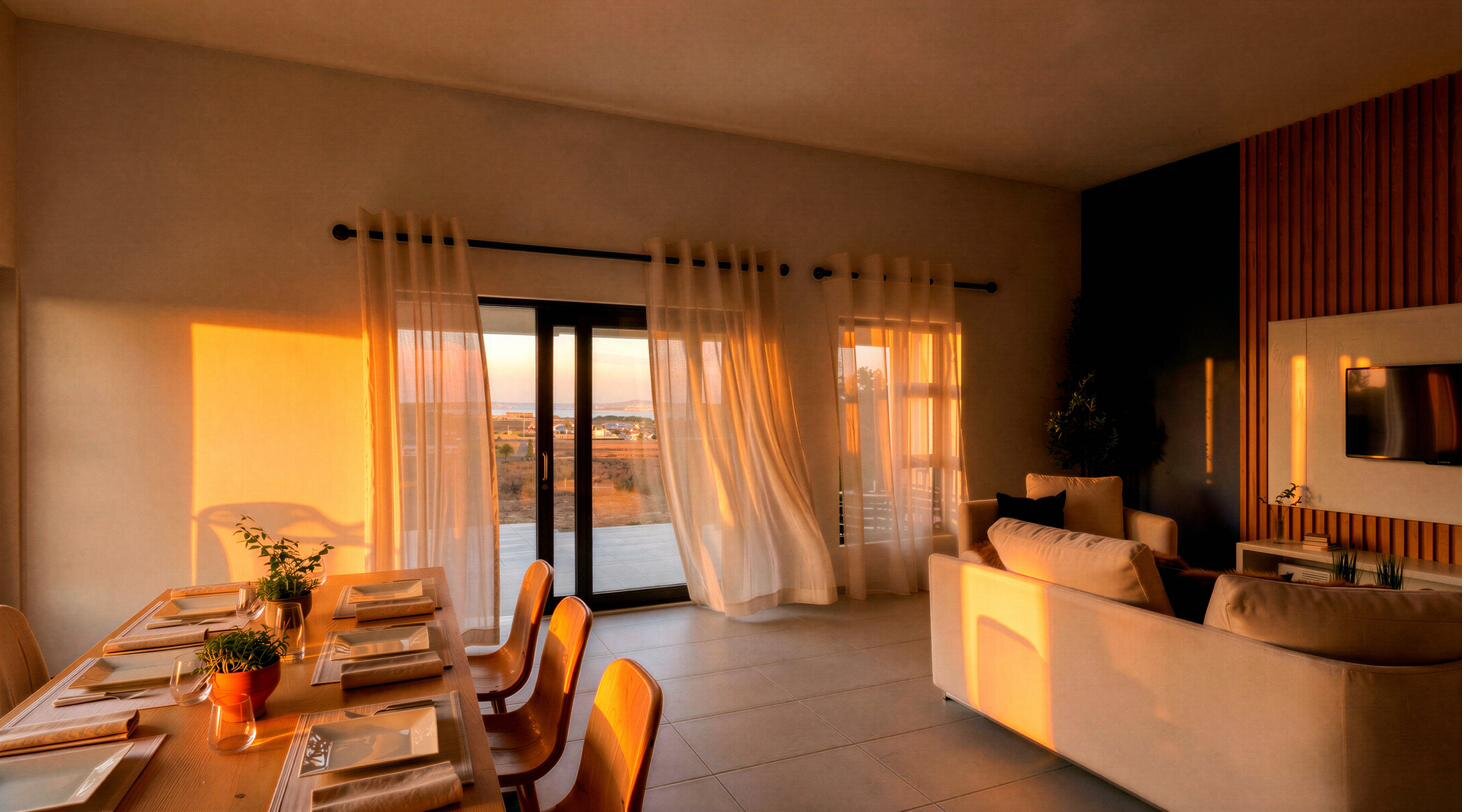 Sunset light streaming into a Welgedaan home interior